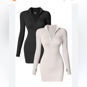 OQQ Black and Pumice Gray, Long Sleeve Zip-Up Mini Dresses Size L
